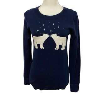 LOFT Sweater Winter Polar Bear Graphic Navy Blue White Long Sleeve Size XS Knit
